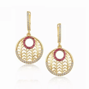 Sterling Silver Gold Plated Circle With Clear and Ruby CZs Earring Attractive Decor