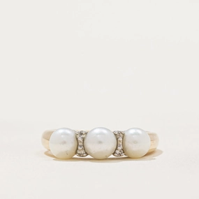Luxurious Finish Elegant Shine Design Three Stone Pearl & Diamond Ring | 0.04ctw | SZ 6.75 |