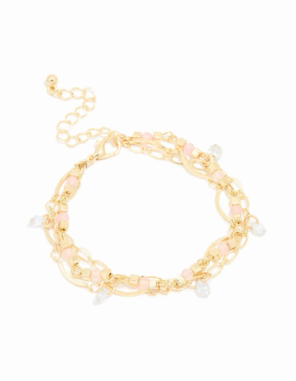Gold Plated Rose Quartz & Pearl Layered Chain Bracelet Camera Ready