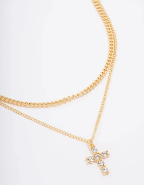 Delicate Accent Gold Plated Diamante Cross Layered Curb Necklace