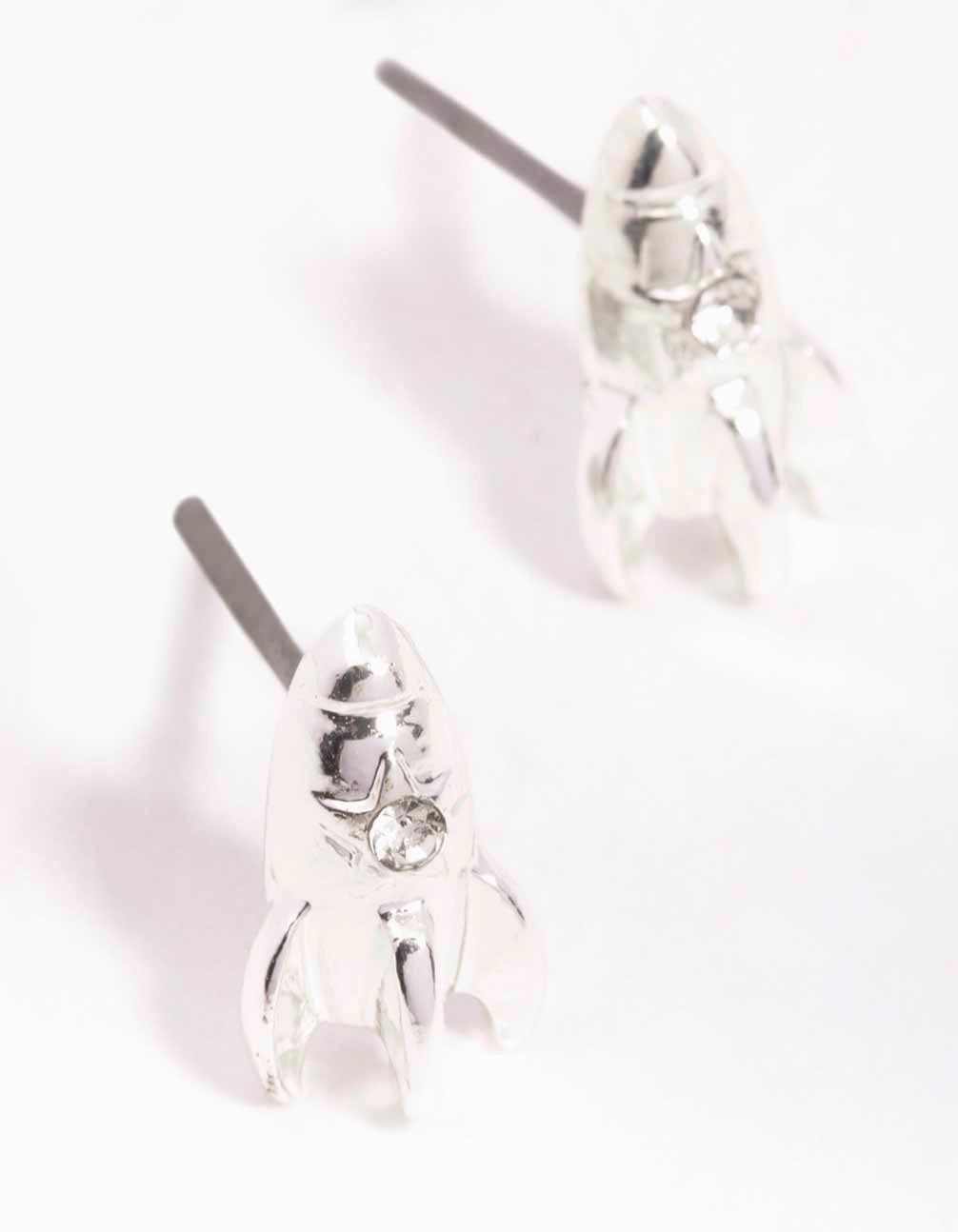 Gorgeous Must-Have Social Adornment Silver Rocket Ship Stud Earrings