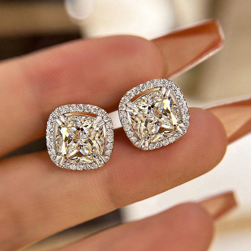 Louily Sparkle Halo Cushion Cut Women's Stud Earrings In Sterling Silver Sparkling Aesthetic