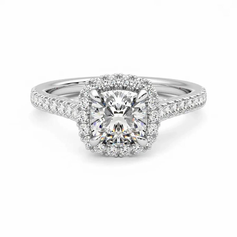 Artisan Item Superior Work Cushion Cut Halo Moissanite Engagement Ring with Hidden Anniversary Stone Accent