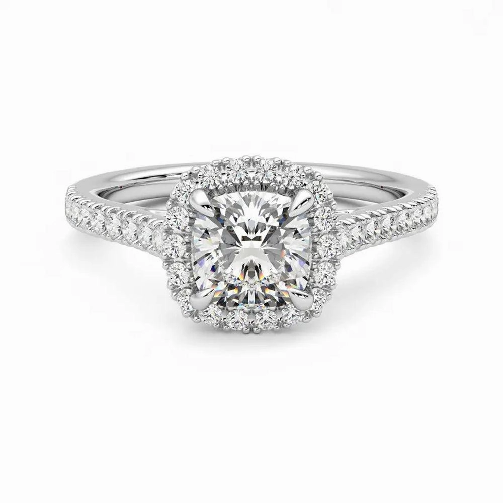 Matching accessory Cushion Cut Halo Moissanite Engagement Ring with Hidden Anniversary Stone Accent
