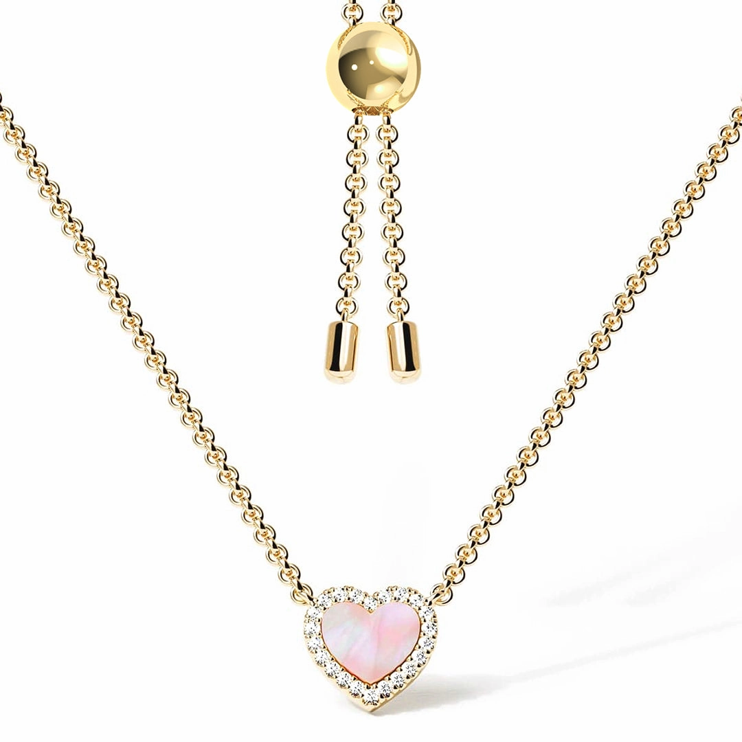 Pink Mother of Pearl & Moissanite Heart Pendant Necklace Premium Detail