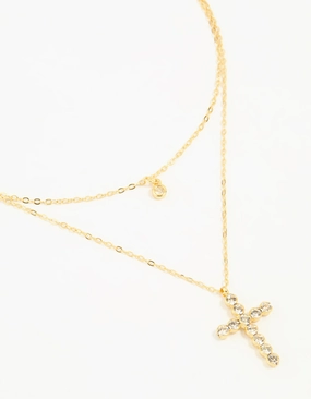 Gold Plated Diamante Cross Layered Necklace Romantic Moment High-Quality Present