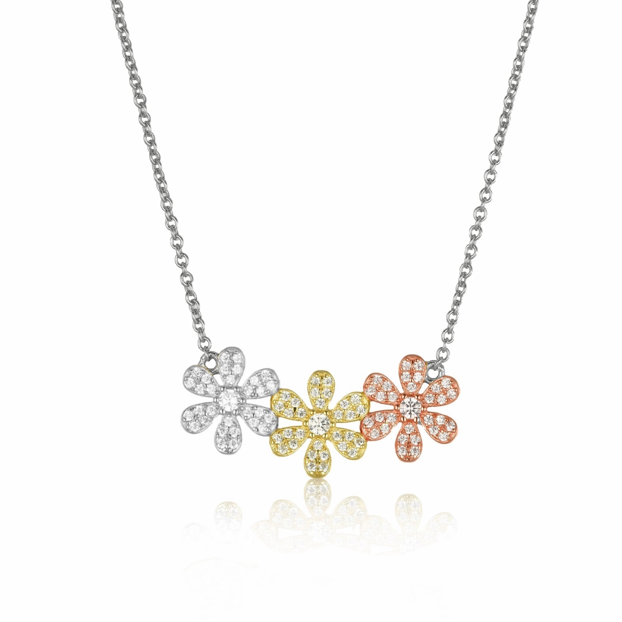 Sterling Silver Micropave CZ Triple Flower Necklace Creative Accent