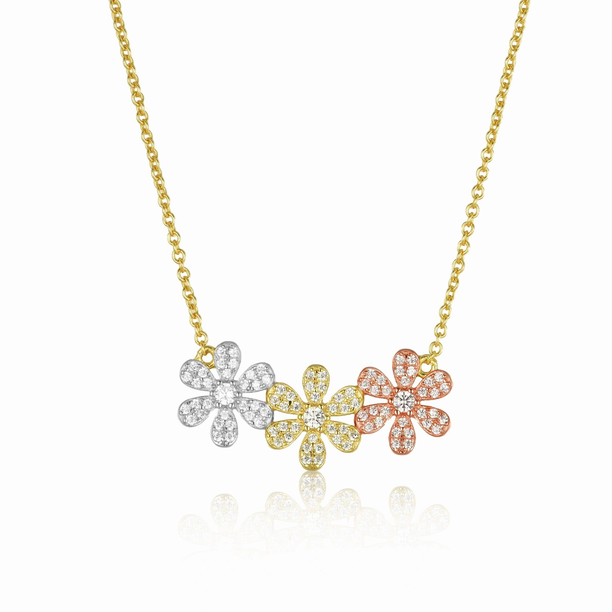 Exquisite Ornament Sterling Silver Micropave CZ Triple Flower Necklace