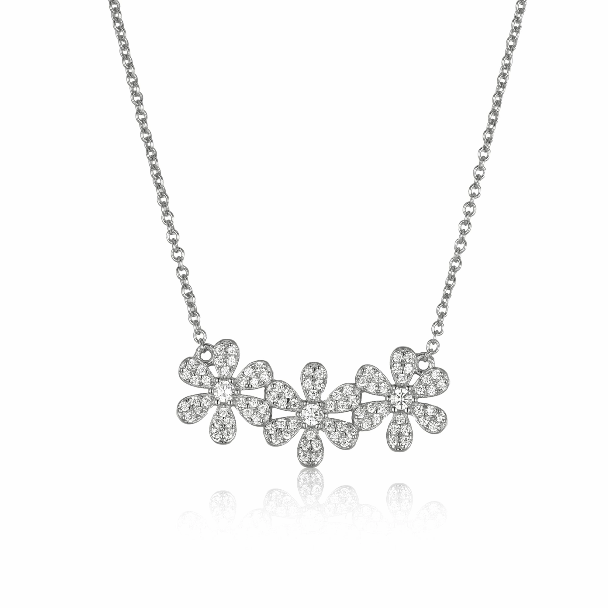 Sterling Silver Micropave CZ Triple Flower Necklace Best Friend Iridescent Adornment