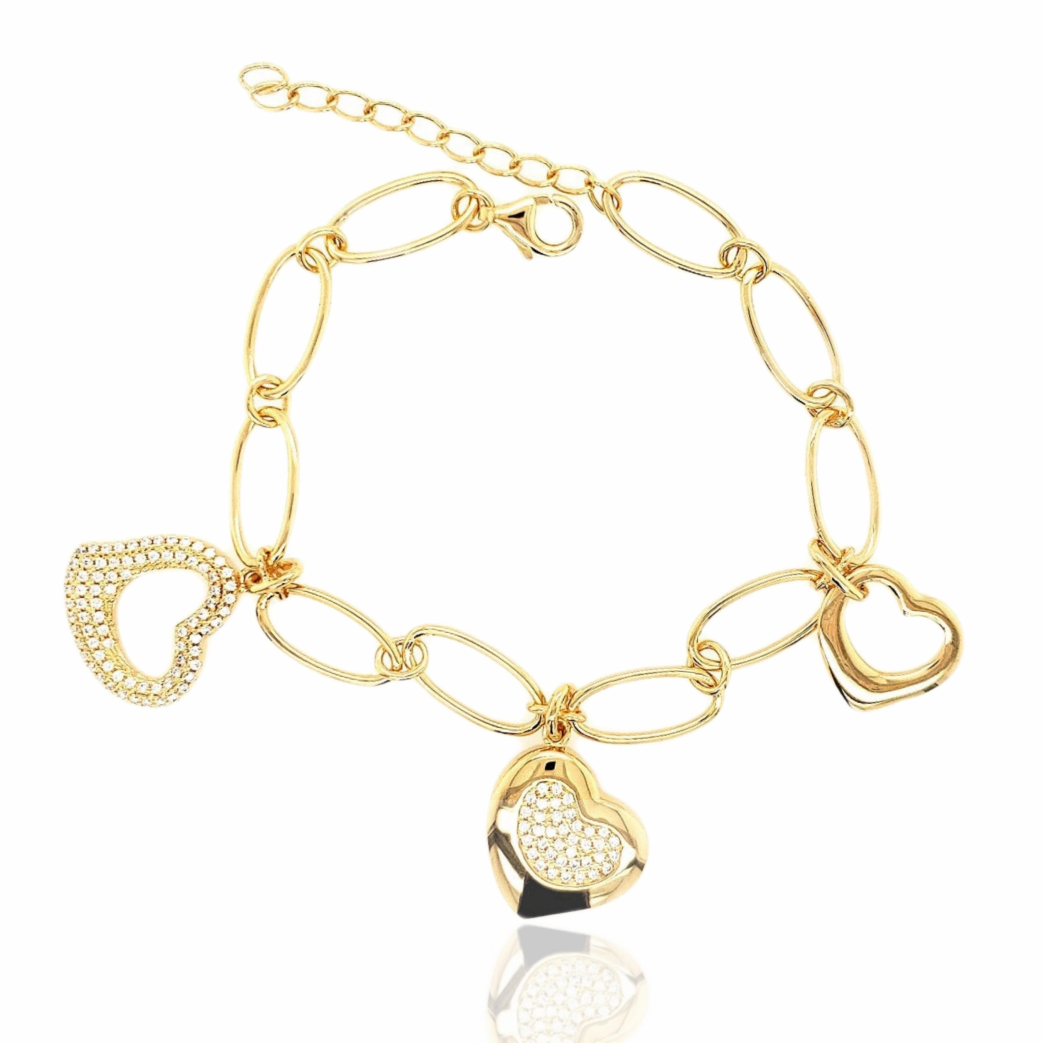 Sterling Silver Gold Plated Three CZ Charm Heart Bracelet Lucky Combinations