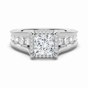 Milgrain Vintage Princess Cut & Round Moissanite Engagement Ring Unique Embellishment