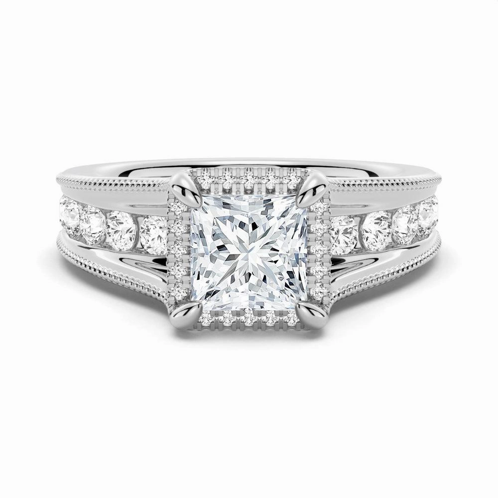 Milgrain Vintage Princess Cut & Round Moissanite Engagement Ring Unique Embellishment