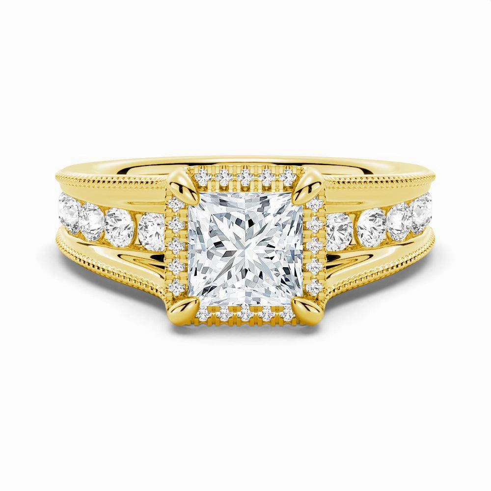 Milgrain Vintage Princess Cut & Round Moissanite Engagement Ring Fresh Detail