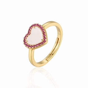 Sterling Silver Gold Plated Mother of Pearl Heart With CZ Ring Traditional Memento Classic Item