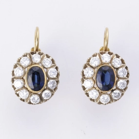 Modern feature Handcrafted Art 14k Yellow and White Gold Sapphire and Diamond Earring | 2.13ctw, 1.31ctw |