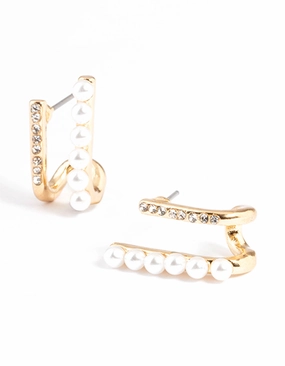 High-Quality Ornament Lovely Trinket Gold Pearl & Diamante Huggie Earrings