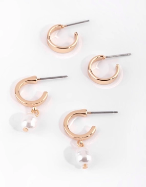 Gold Pearl Huggie Hoop Earring Set Comfortable Element