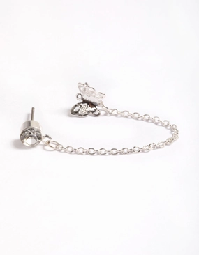 Square Embellishment Silver Diamante & Butterfly Chain Earrings