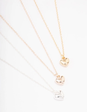 Mixed Metal Bubble Heart Necklace 3-Pack Professional Adornment Minimalist Accent