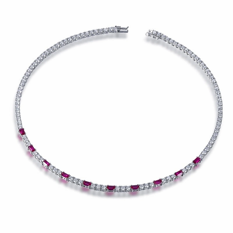 Coiled Item For Wellness Sterling Silver Tennis Necklace With Interspersed Ruby or Sapphire CZ Stones