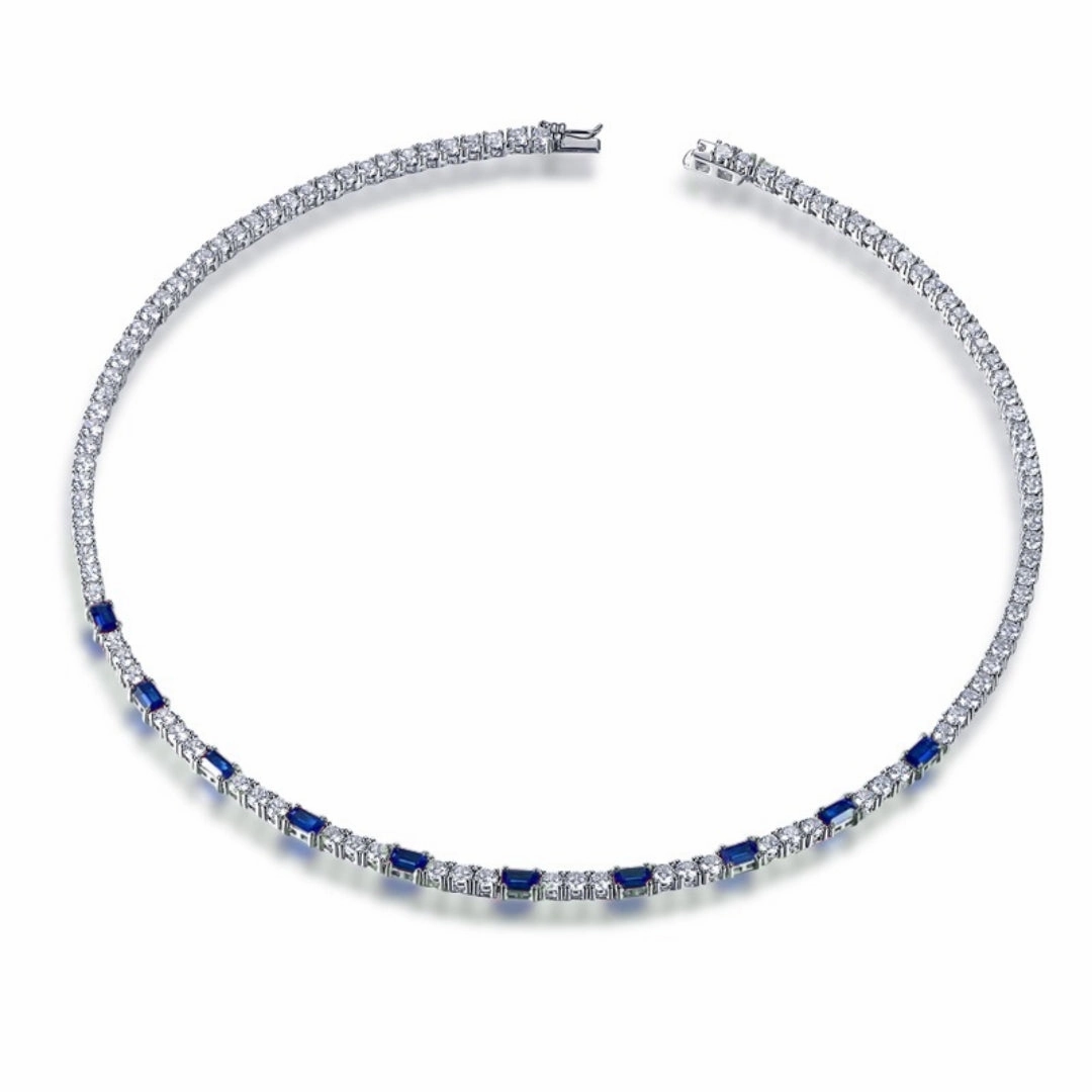Gemmed Jewelry Sterling Silver Tennis Necklace With Interspersed Ruby or Sapphire CZ Stones