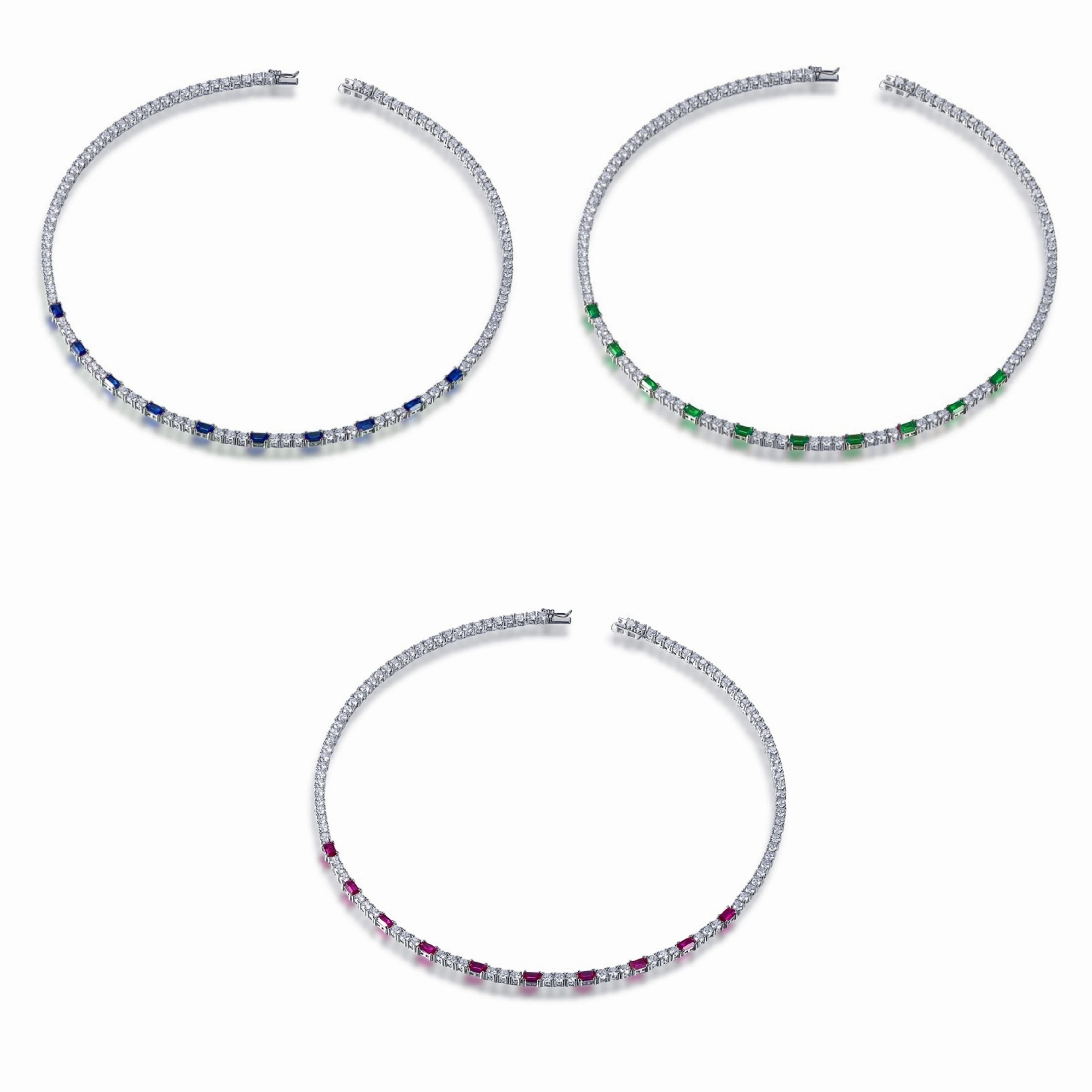 Sterling Silver Tennis Necklace With Interspersed Ruby or Sapphire CZ Stones for personal use