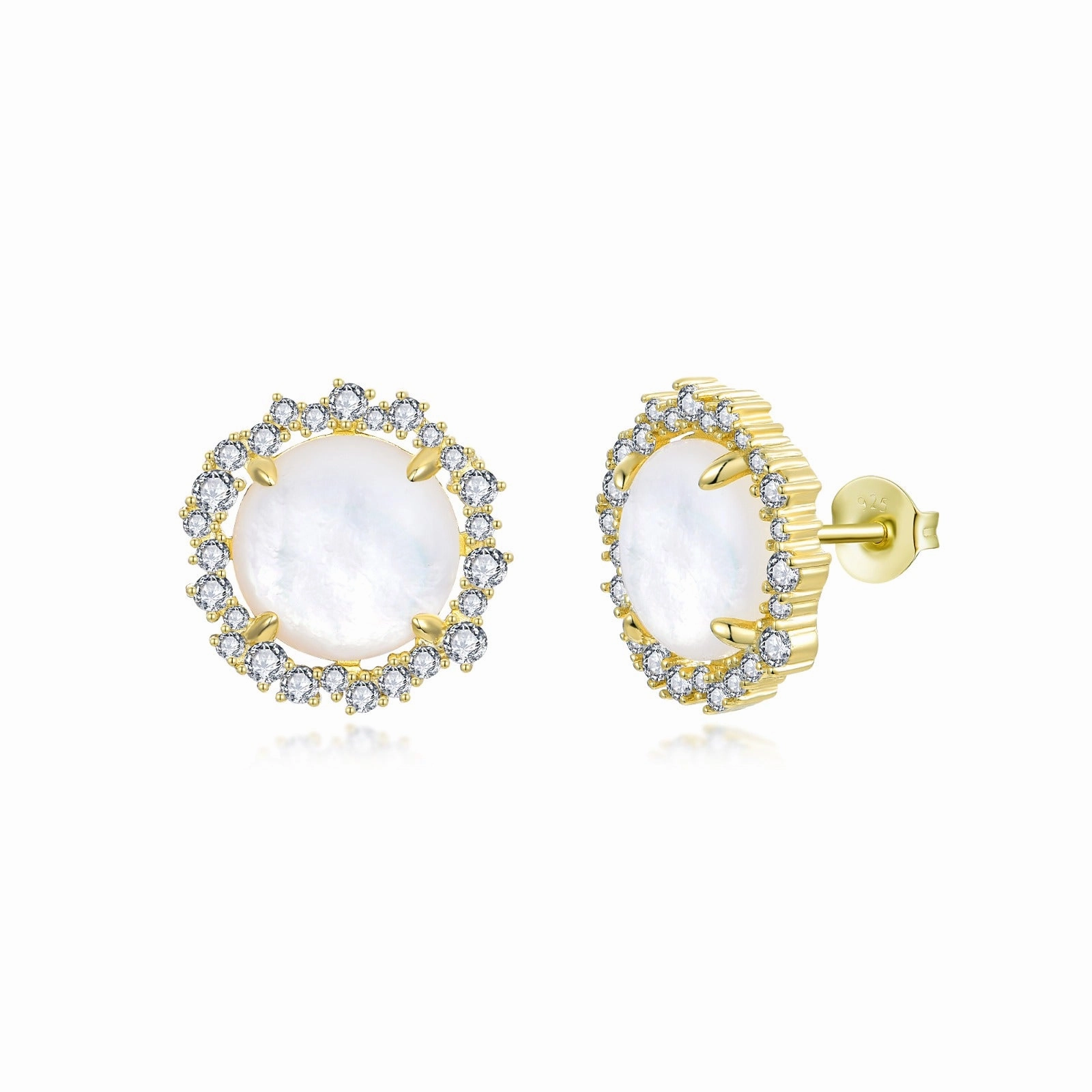 Tiny Embellishment Gold Plated Sterling Silver Round Mother of Pearl with CZ Border Stud Earrings