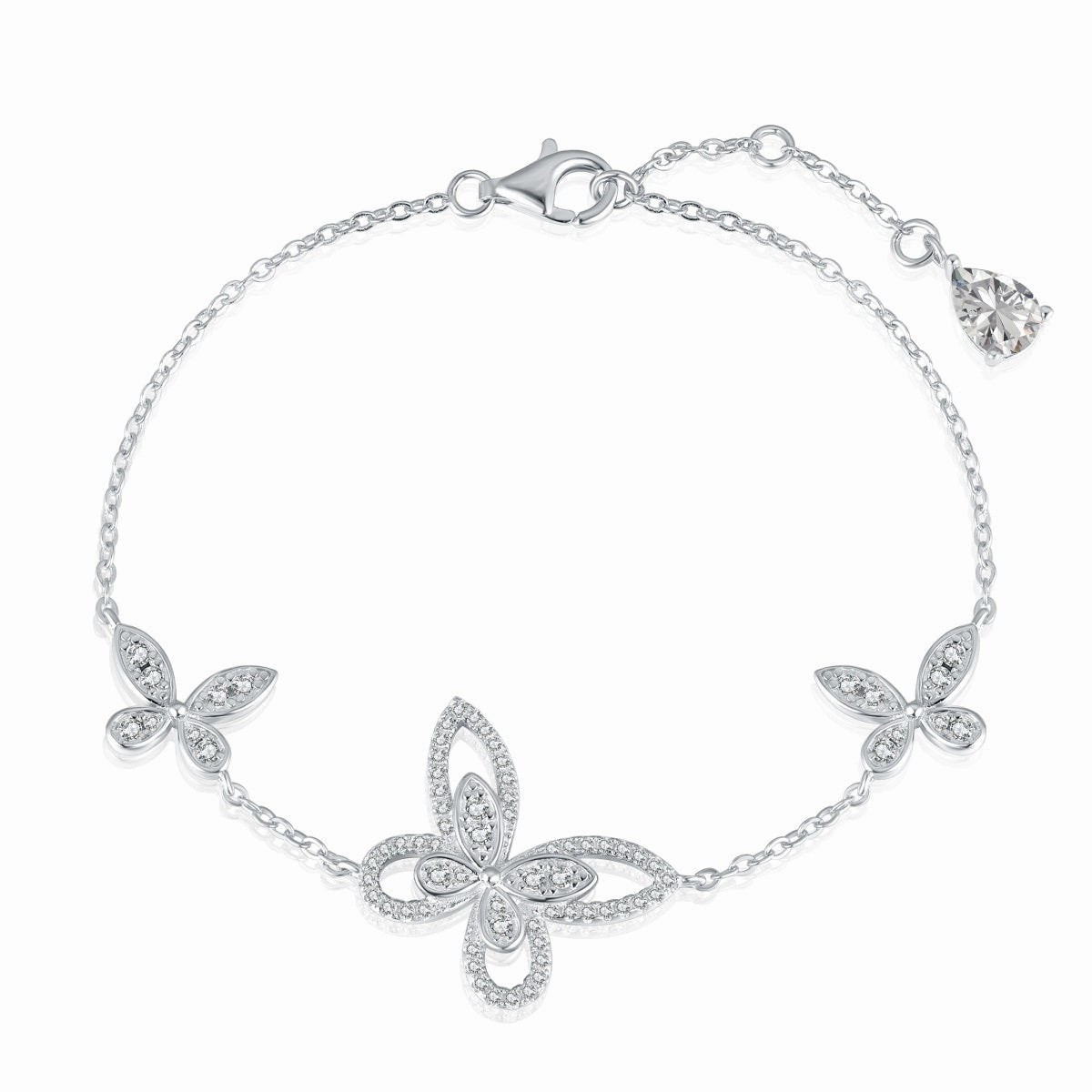 Sterling Silver Adjustable 3 Micropave (Center is Outlined) Butterflies Bracelet Easy Transition