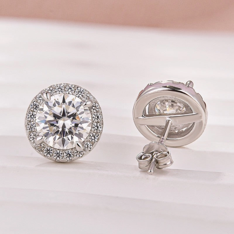 Secure Item High-Quality Style Moissanite 1.2Ct Halo Round Cut White Gold Stud Earrings