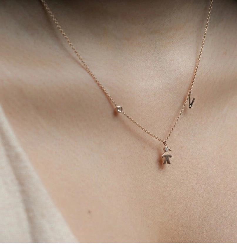 Mom 14k Diamond Initial & Gemstone Necklace Modern Piece Handmade Style