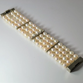 Multi Row Pearl & Diamond Chain 19k Bracelet | 0.10ctw | 7.5"| Trend Setting