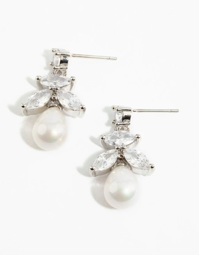 Casual Wear Layer Ready Silver Cubic Zirconia Leaf & Pearl Drop Earrings