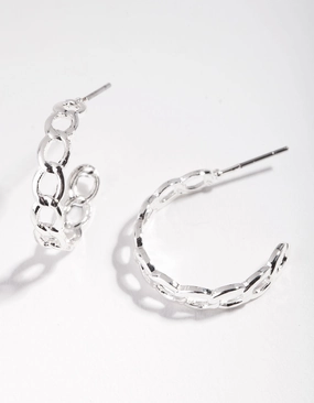 Chic Accent Silver Chain Link Hoop Earrings