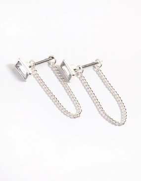 Silver Emerald Chain Front & Back Earrings Futuristic Jewelry Shiny Choice