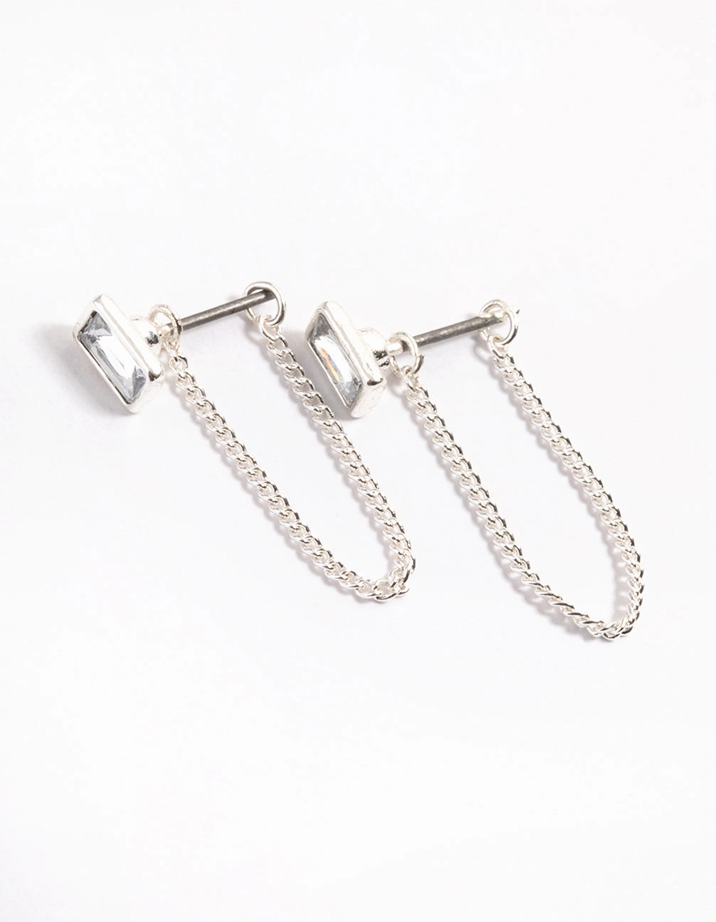 Silver Emerald Chain Front & Back Earrings Futuristic Jewelry Shiny Choice