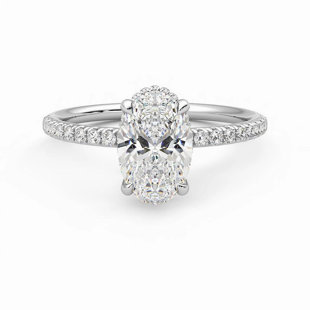Oval Cut Moissanite Engagement Ring with Hidden Halo and Anniversary Stone Accent Daytime Elegance
