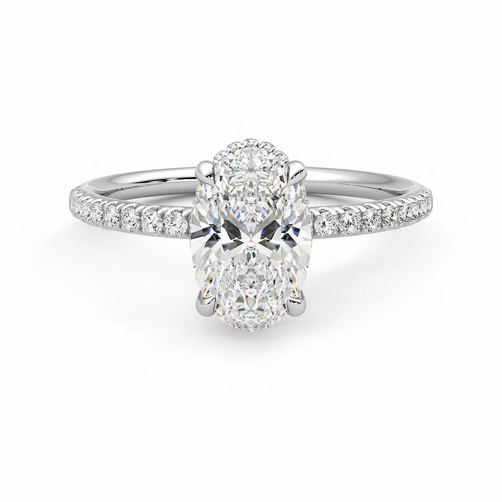 Oval Cut Moissanite Engagement Ring with Hidden Halo and Anniversary Stone Accent Sentimental Craft Bright Finish