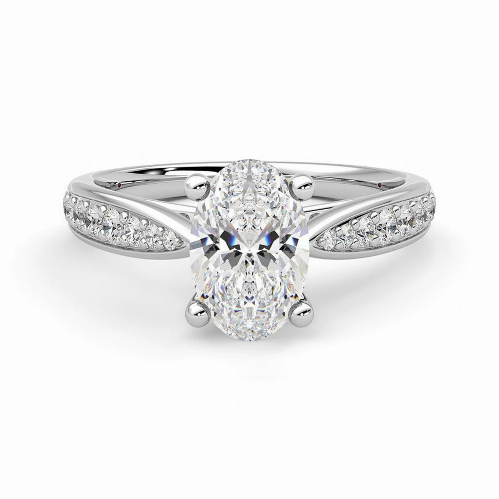 Rough Use Bold Item Oval Cut Moissanite Engagement Ring with Pav?? Band and Hidden Anniversary Stone Accent