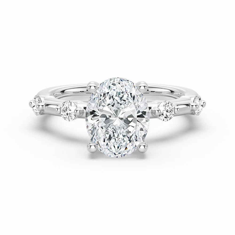 Signature Piece Delightful Gift Oval Cut Moissanite Ring with Diamond Spaced Band and Hidden Halo