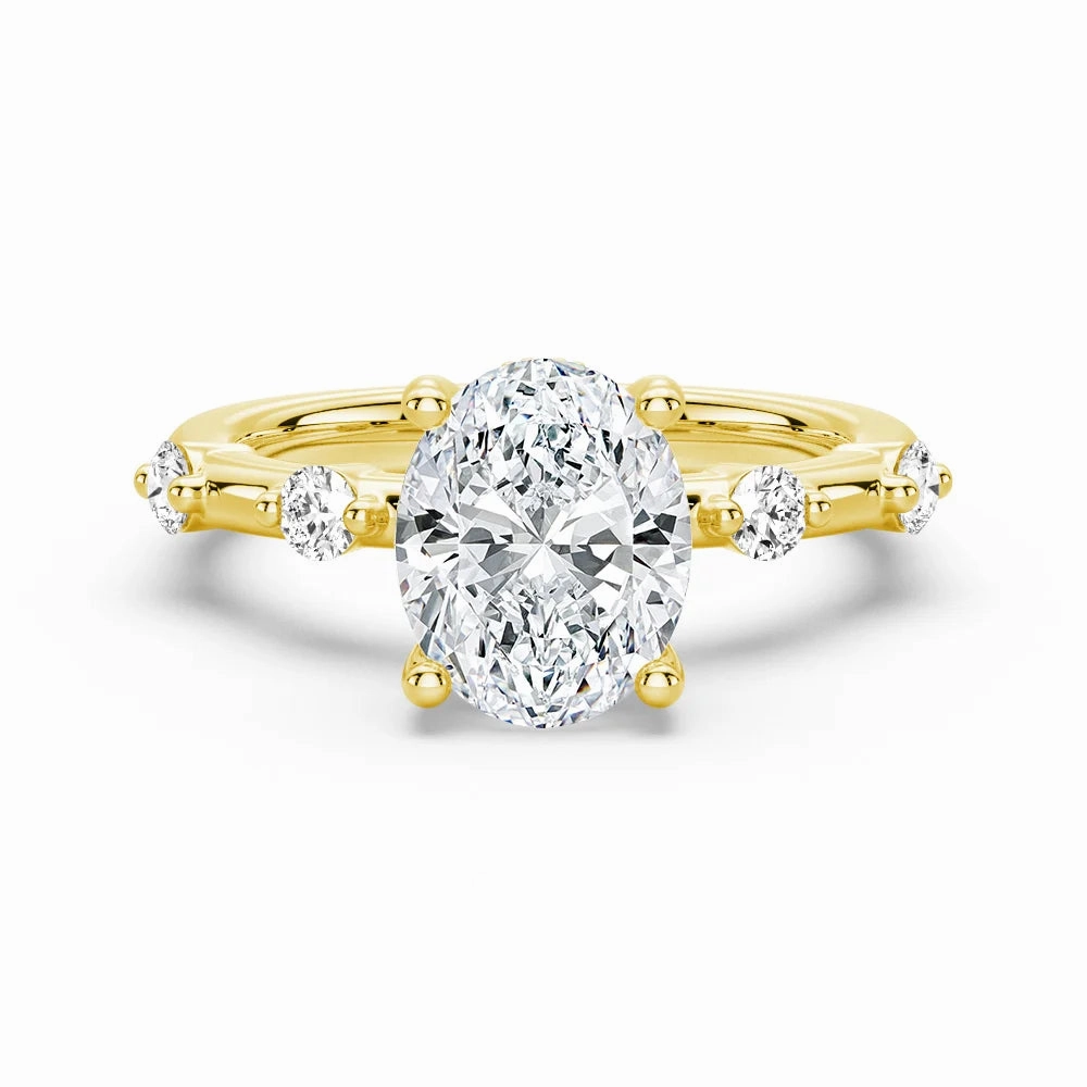 Oval Cut Moissanite Ring with Diamond Spaced Band and Hidden Halo Baroque Influence Value Expression