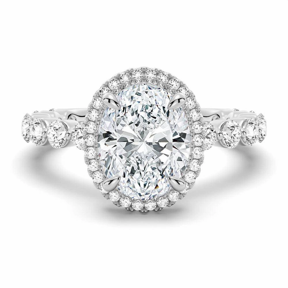 Machine Processed Affordable Statement Oval Halo with Pav?? Shared Prong Band Moissanite Engagement Ring