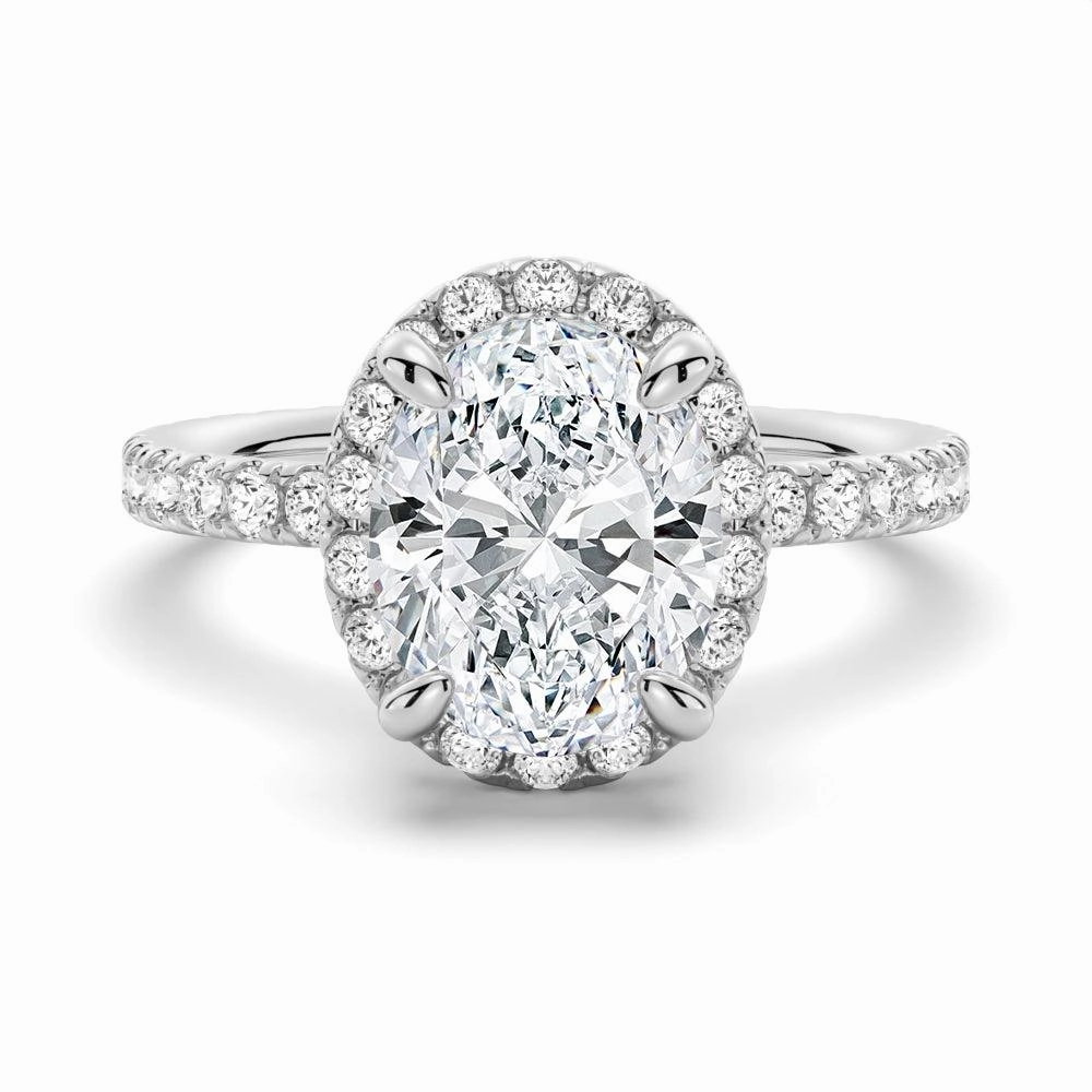 Brilliant Embellishment Oval Shaped Micropav?? Halo Moissanite Engagement Ring With Eternity Band