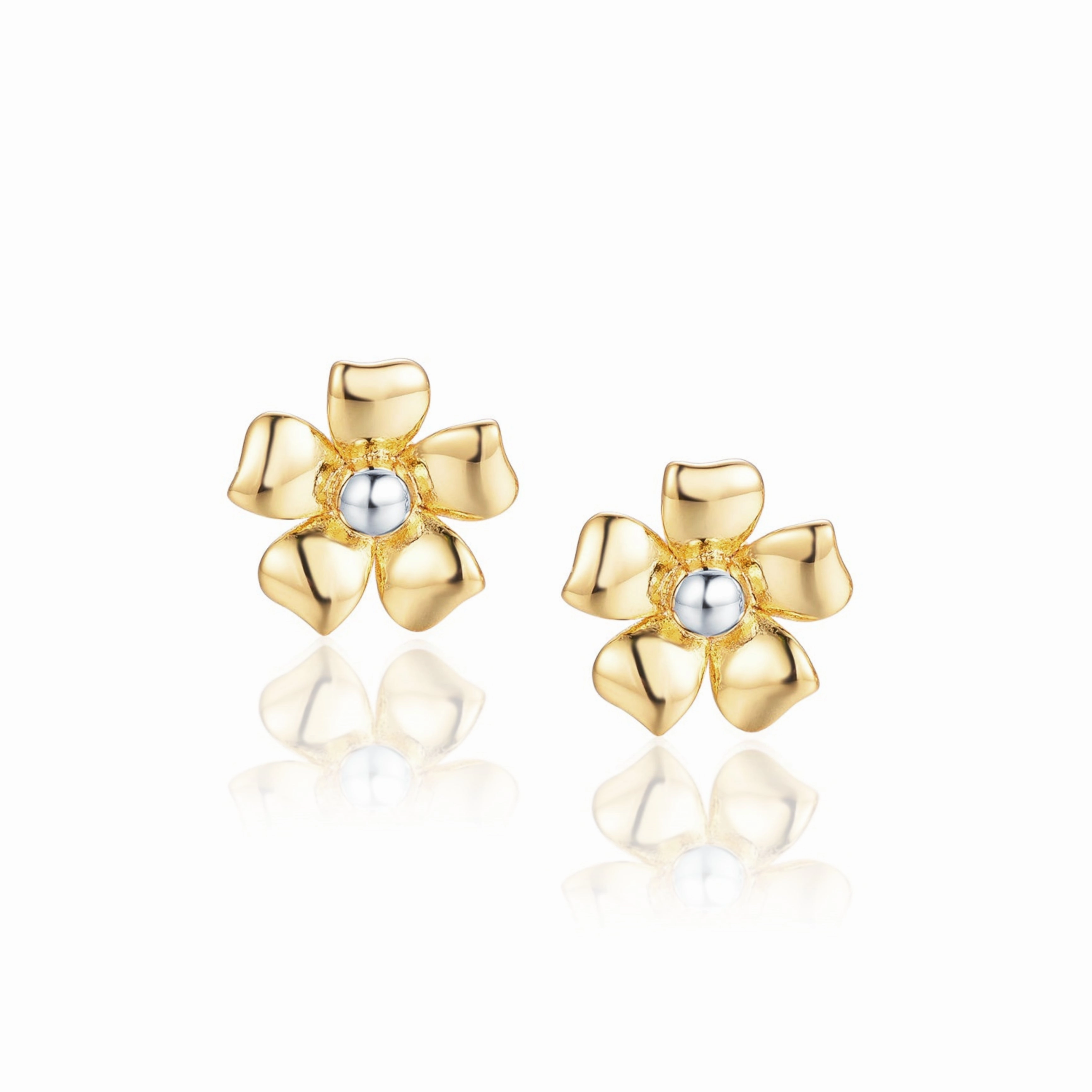 Gold Plated Surgical Steel Flower With Center Rhodium Ball Stud Earrings Oval Embellishment