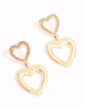 Tiny Piece Contemporary Finish Gold Line Double Heart Drop Earrings
