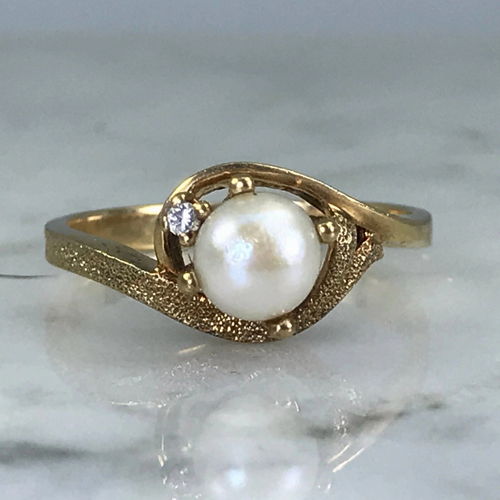 Casual Accent Pearl Diamond Engagement Ring. 10k Brushed Gold. June Birthstone. 4th Anniversary Gift.