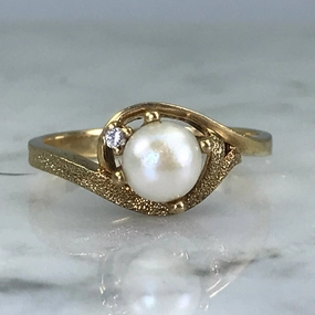 Casual Accent Pearl Diamond Engagement Ring. 10k Brushed Gold. June Birthstone. 4th Anniversary Gift.