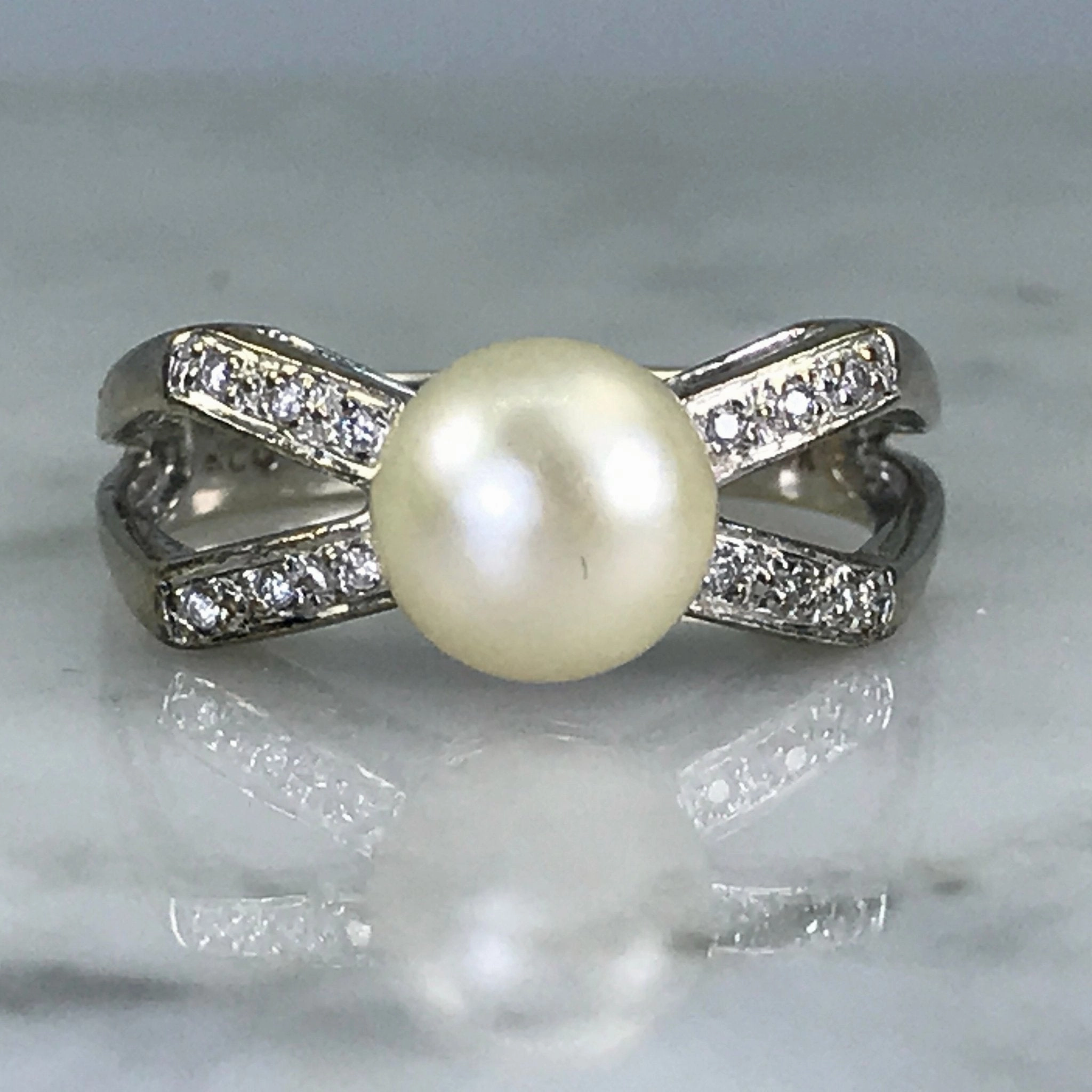Sparkling Detail Gift Idea Pearl Diamond Engagement Ring. Bow Style. 14k White Gold. June Birthstone. 4th Anniversary Gift.