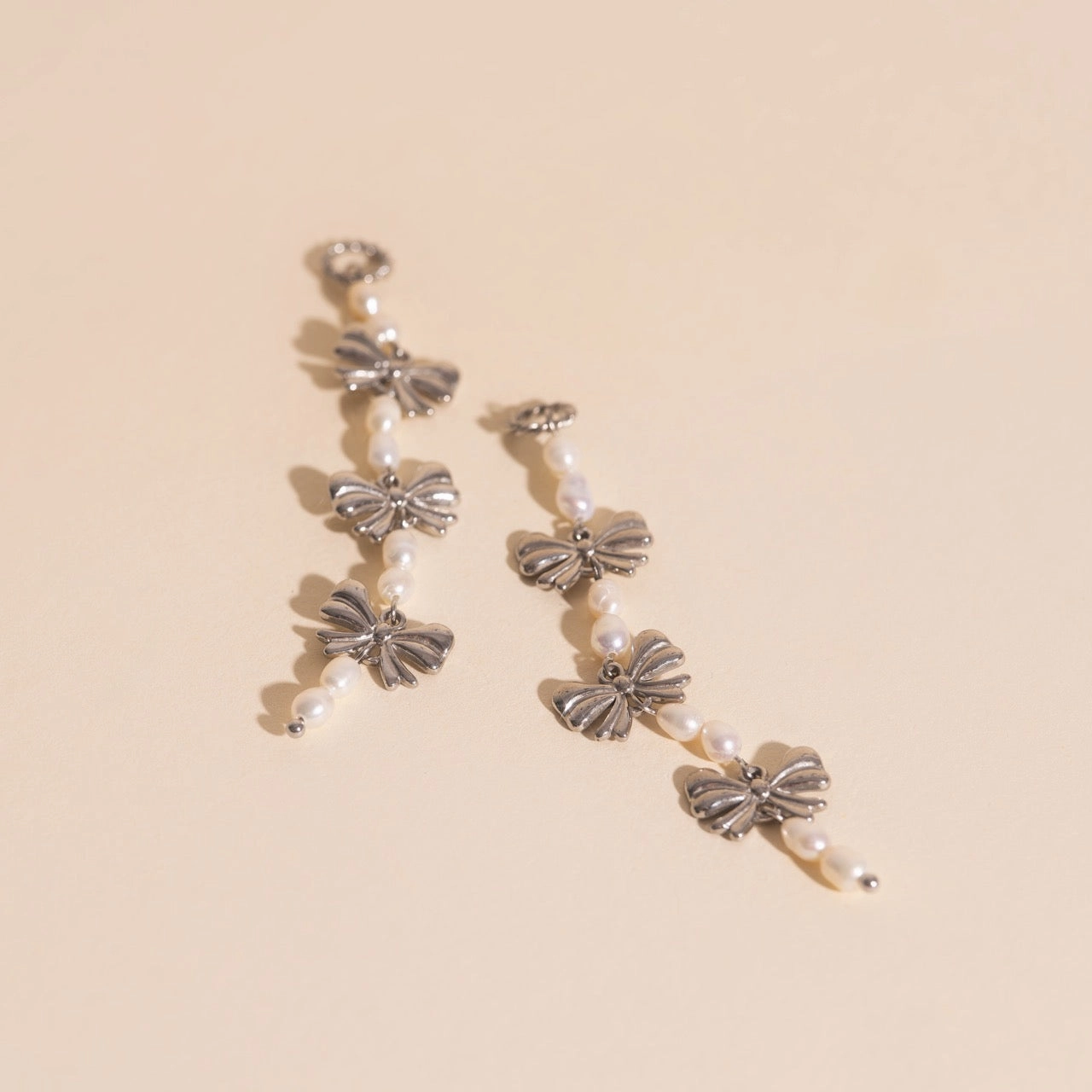 Pearl Ribbon Dangle Huggie Hoop Charms Dreamy Look