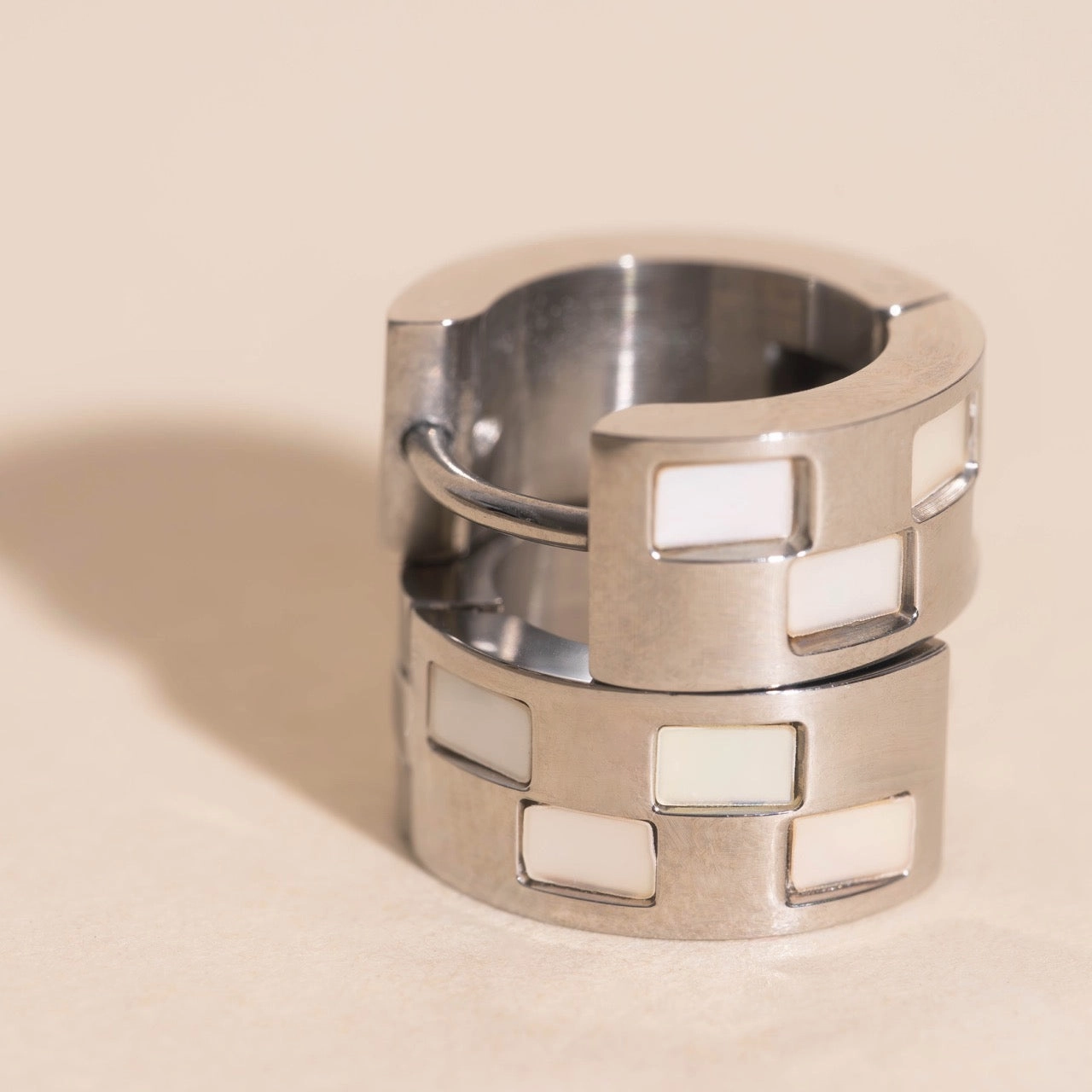 Pearl Shell Checkered Super Chunky Huggie Hoop Earrings Classic Glow