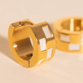 Pearl Shell Checkered Super Chunky Huggie Hoop Earrings Unique Feature